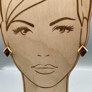 Chic Retro Stud Earrings, Gold Tone Harlequin with Red Black and Golden Swirl